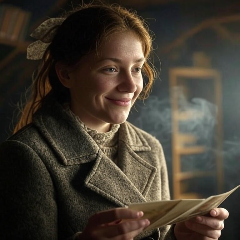 a woman in a coat and a book