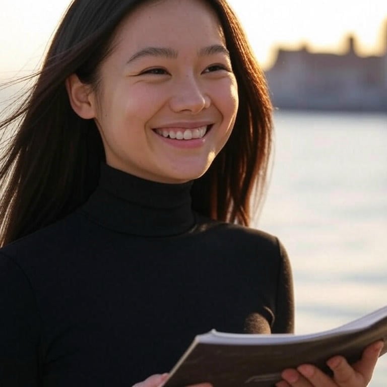 a woman in a turtle neck top and a book