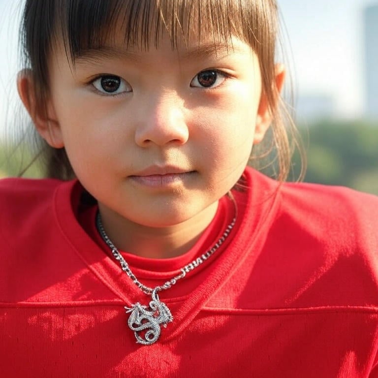 a young girl with a necklace with a necklace with a dragon on it