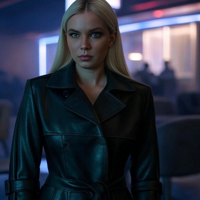 a woman in a black leather jacket and a black leather jacket