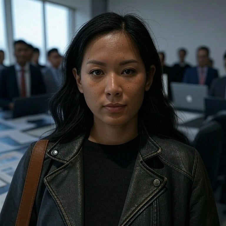 a woman in a leather jacket and a man in a suit