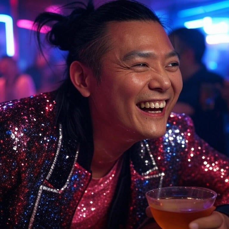 a man in a sequinous outfit is smiling and holding a drink