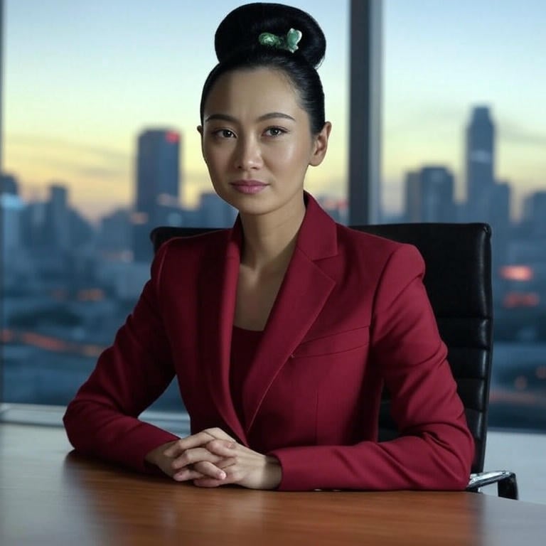 a woman in a red suit sitting at a table
