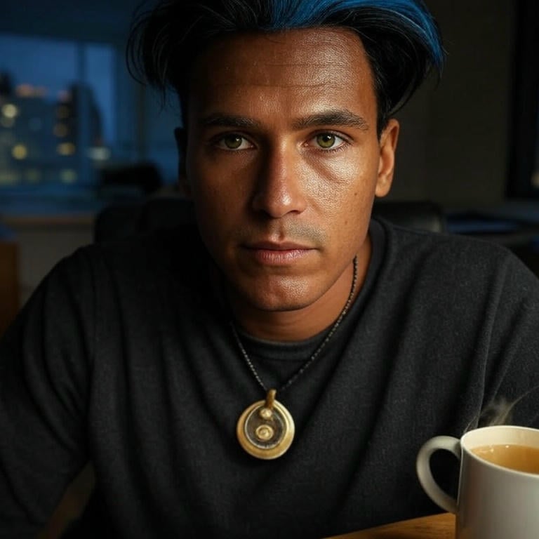 a man with blue hair and a necklace with a pendant