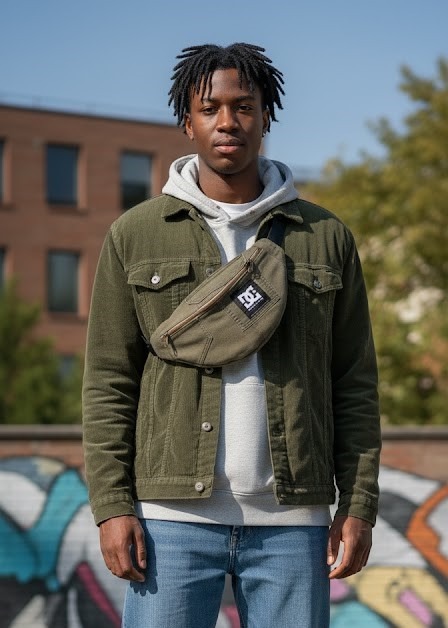 Jeune homme portant un sac banane kaki en bandouillère