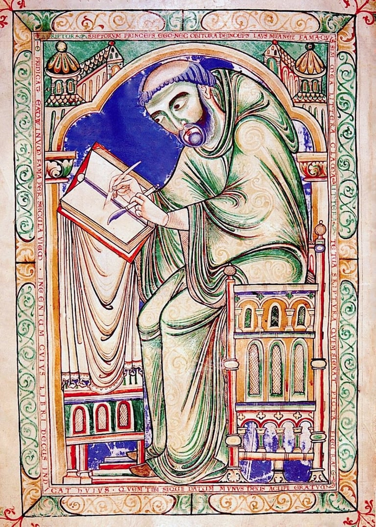 A scribe using a quill and penknife in a 12th century English psalter.