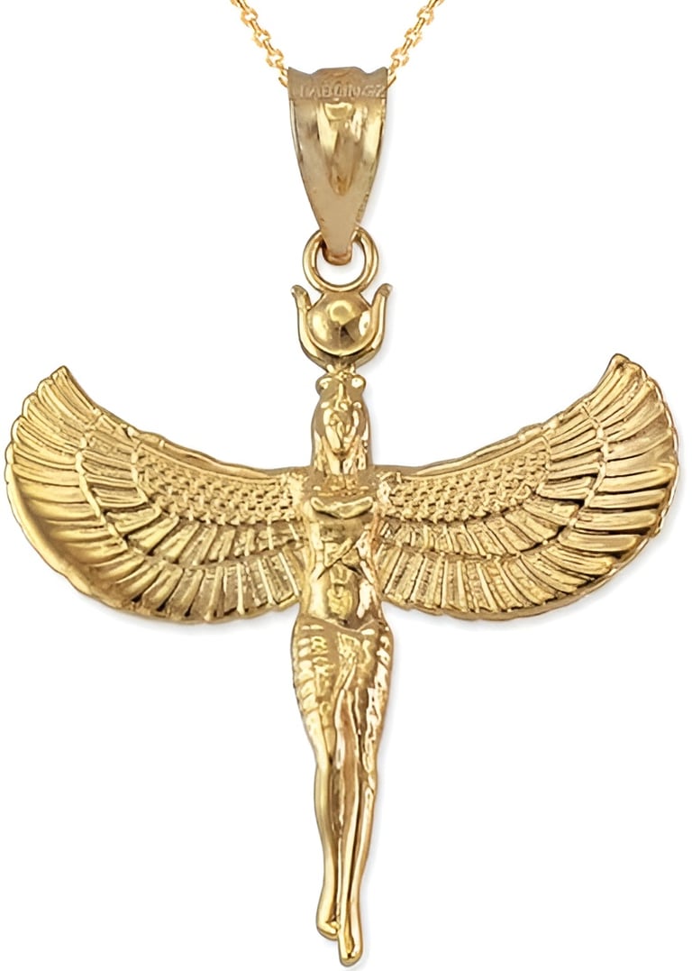 Egyptian Revival 14K Yellow Gold Isis Goddess Pendant Necklace