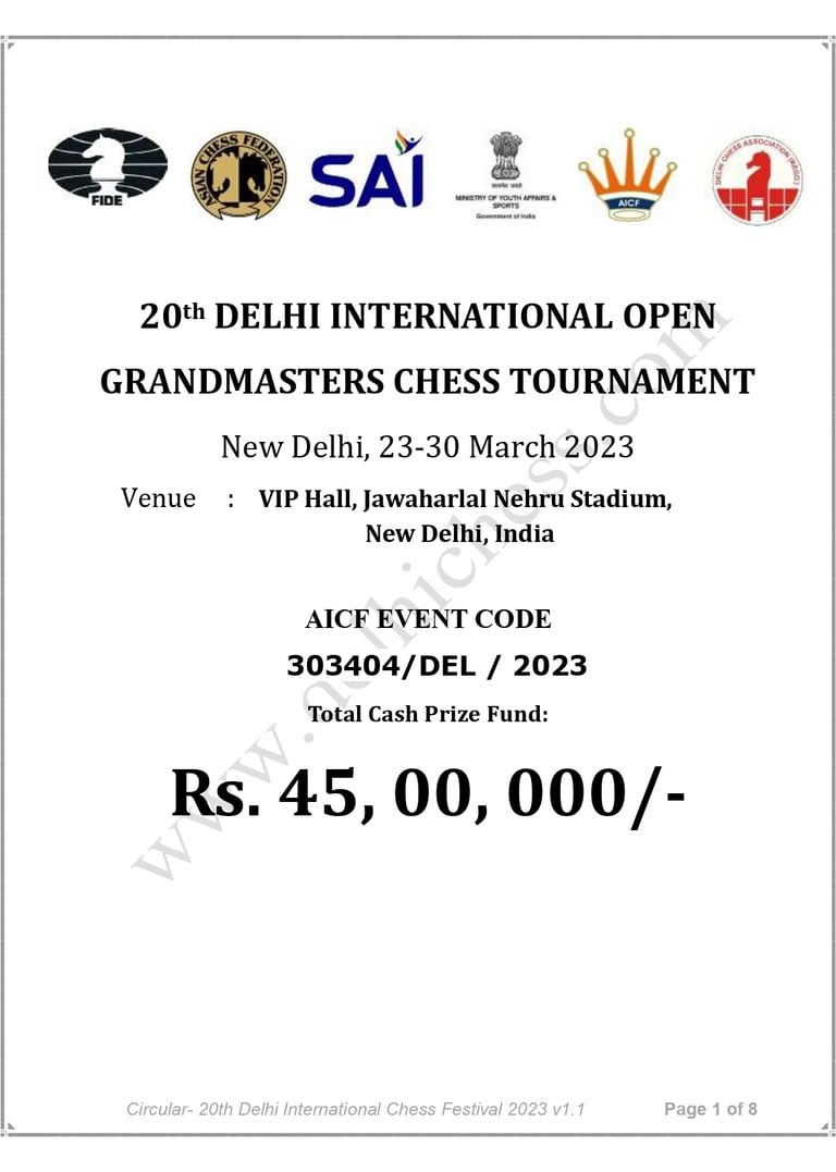 20th Delhi International Open Grandmasters Chess Tournament 2023. India Chess. AICF Chess. ACF Chess