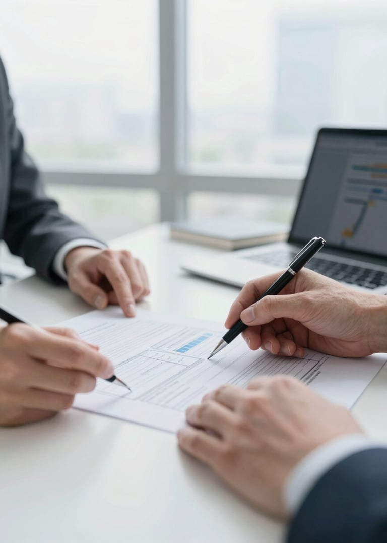Close-up of hands collaborating on a strategic planning document, modern office, natural light, shallow depth of field, professional, 35mm