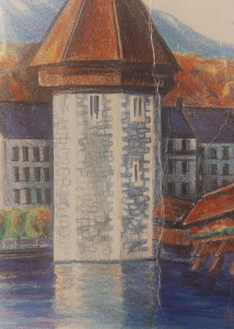 A painting of lake with dashes of purple in the water