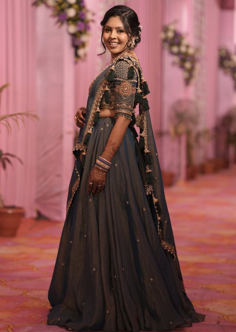 best green and golden lehengas with flawless makeup - best makeup artist in r&d bridal makeup gotri