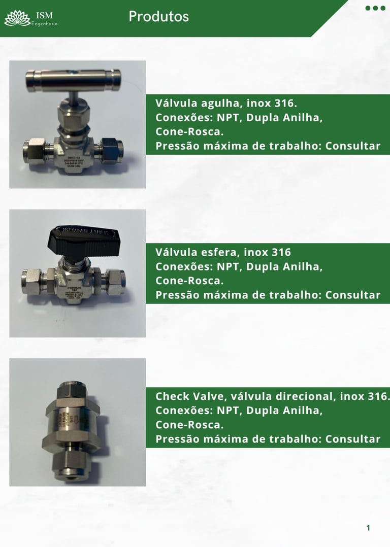 Catálogo de válvulas de aço inox 316: agulha, esfera e check valve com conexões NPT.