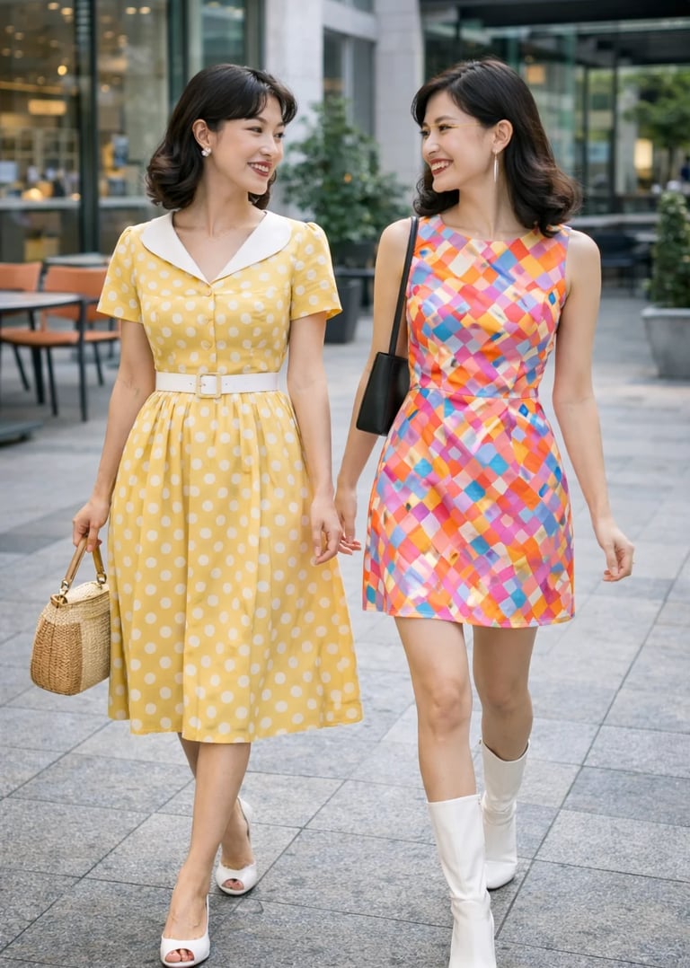 Modelos asiáticas usando roupas retrô, moda retrô, estilo retrô