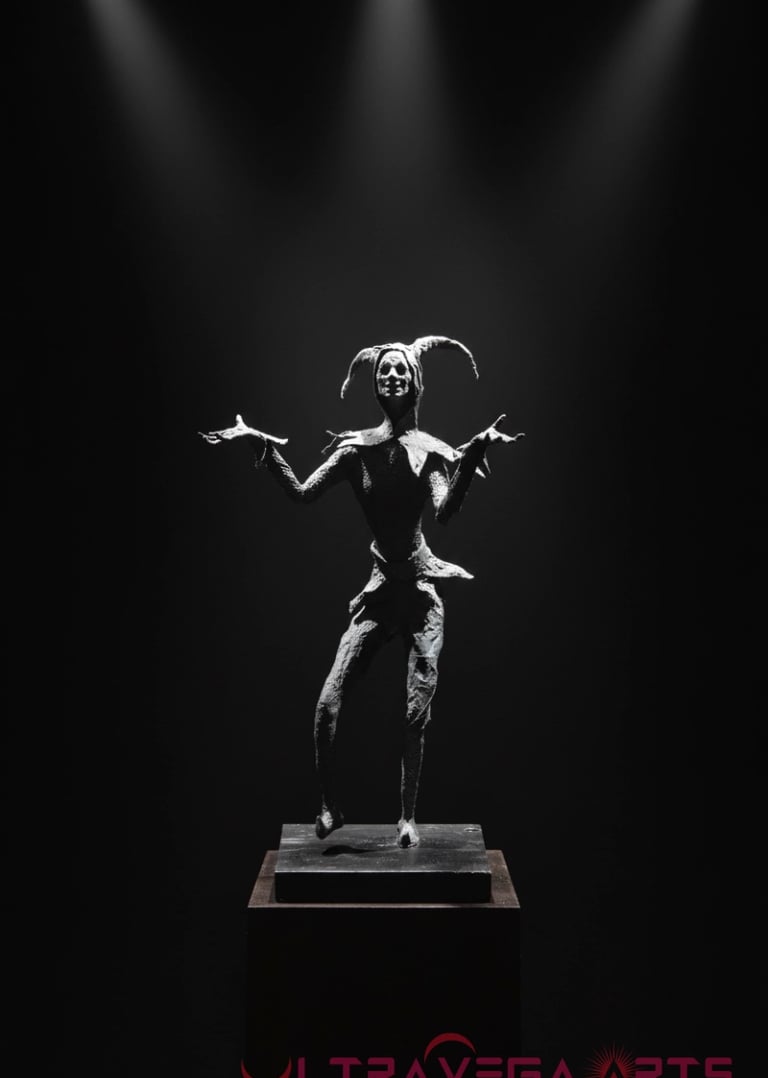 Harlequin Figurative Sculpture in Paper Mache on dark pedestal, spot lit with dark background