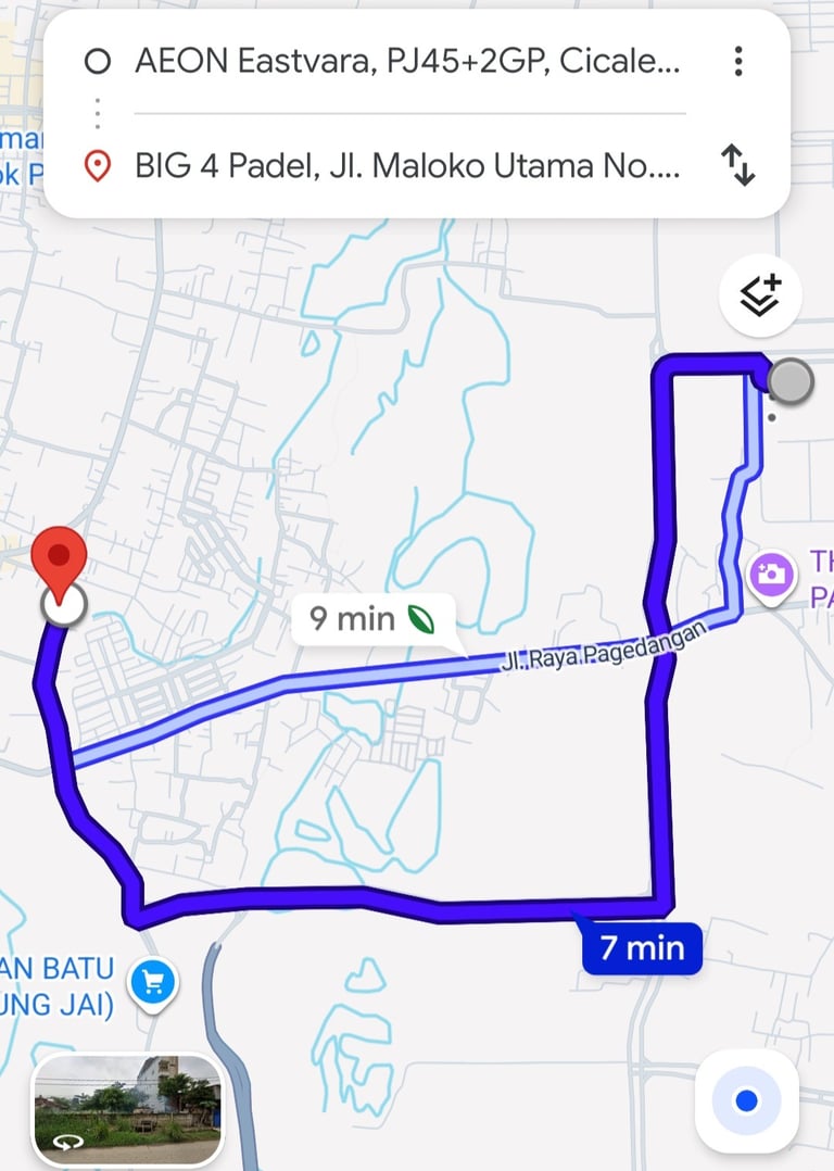 Jarak waktu tempuh dari mall aeon eastvara menuju big 4 padel bsd