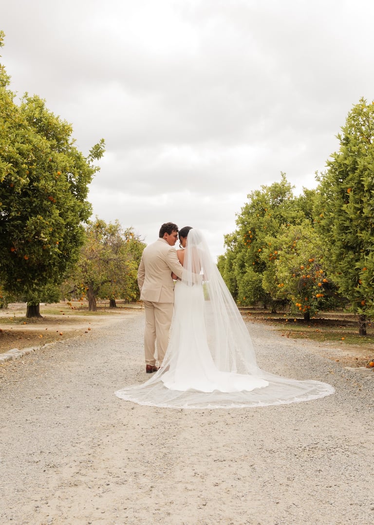 a bride and groom standing in a tree lined path