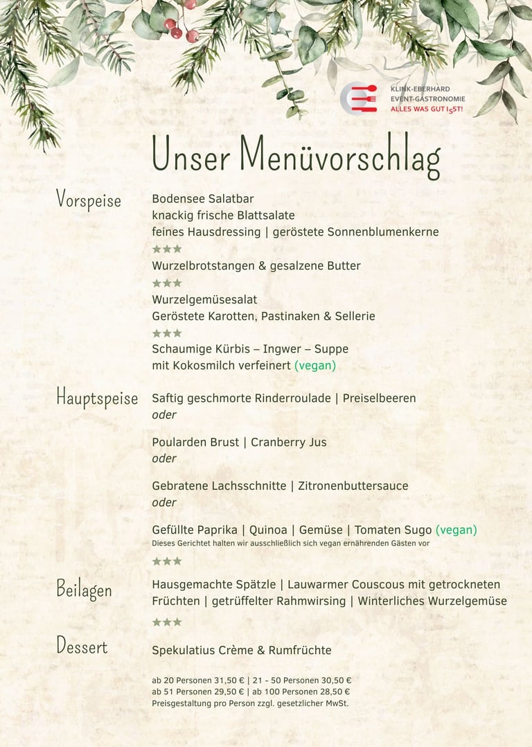 Weihnachts Menü für Weihnachtsfeiern