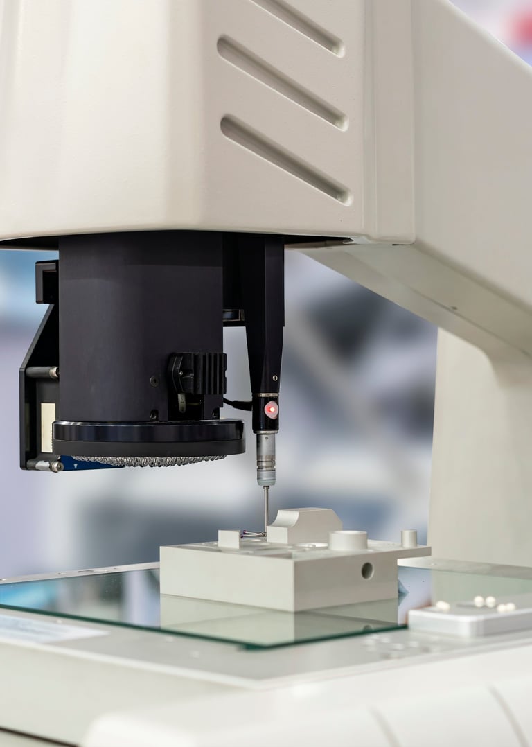 Micro-Vu optical CMM performing a CMM touch probe on a machined part.