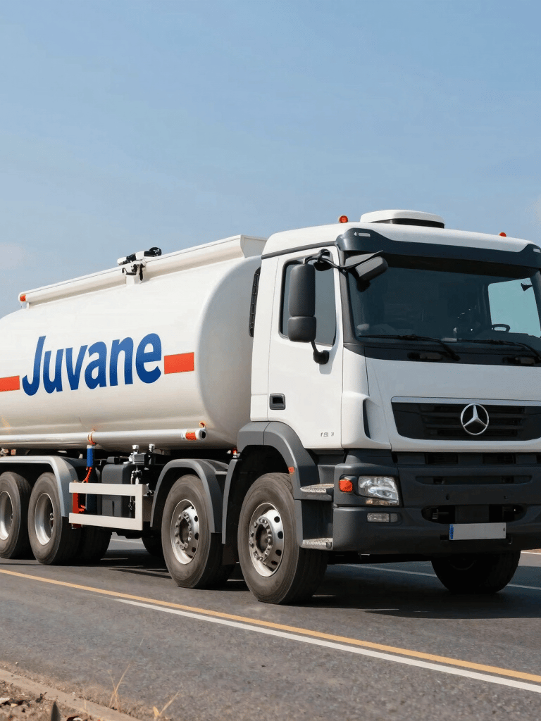 Image showing a fleet of modern fuel transport trucks lined up under a clear blue sky.