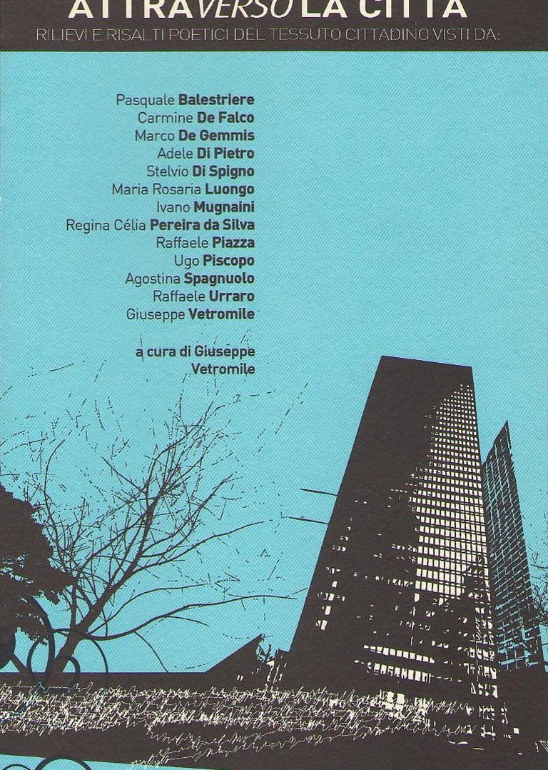 Attraverso la città book cover featuring an urban skyscraper silhouette and list of Italian authors.