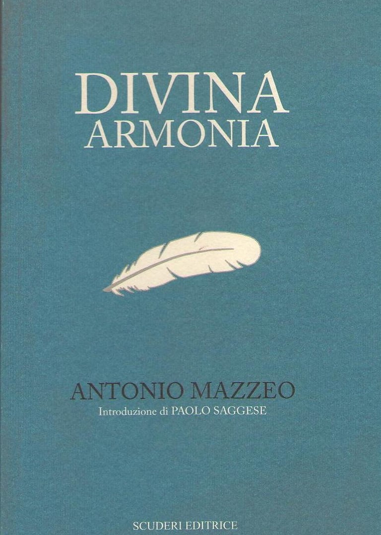 Divina Armonia book cover by Antonio Mazzeo featuring a white feather illustration on a blue background.