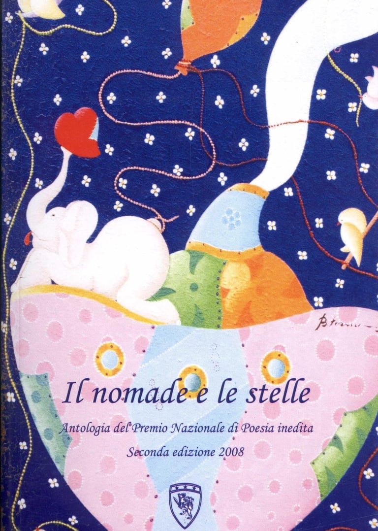 Il nomade e le stelle book cover featuring surreal art of an elephant, heart, and stars by Scuderi Editrice.