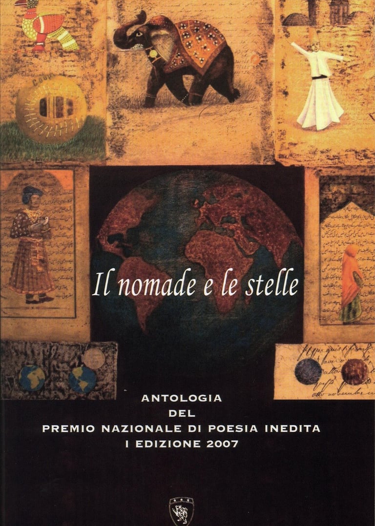 Il nomade e le stelle poetry anthology cover featuring cultural illustrations of an elephant, globe, and whirling dervish.
