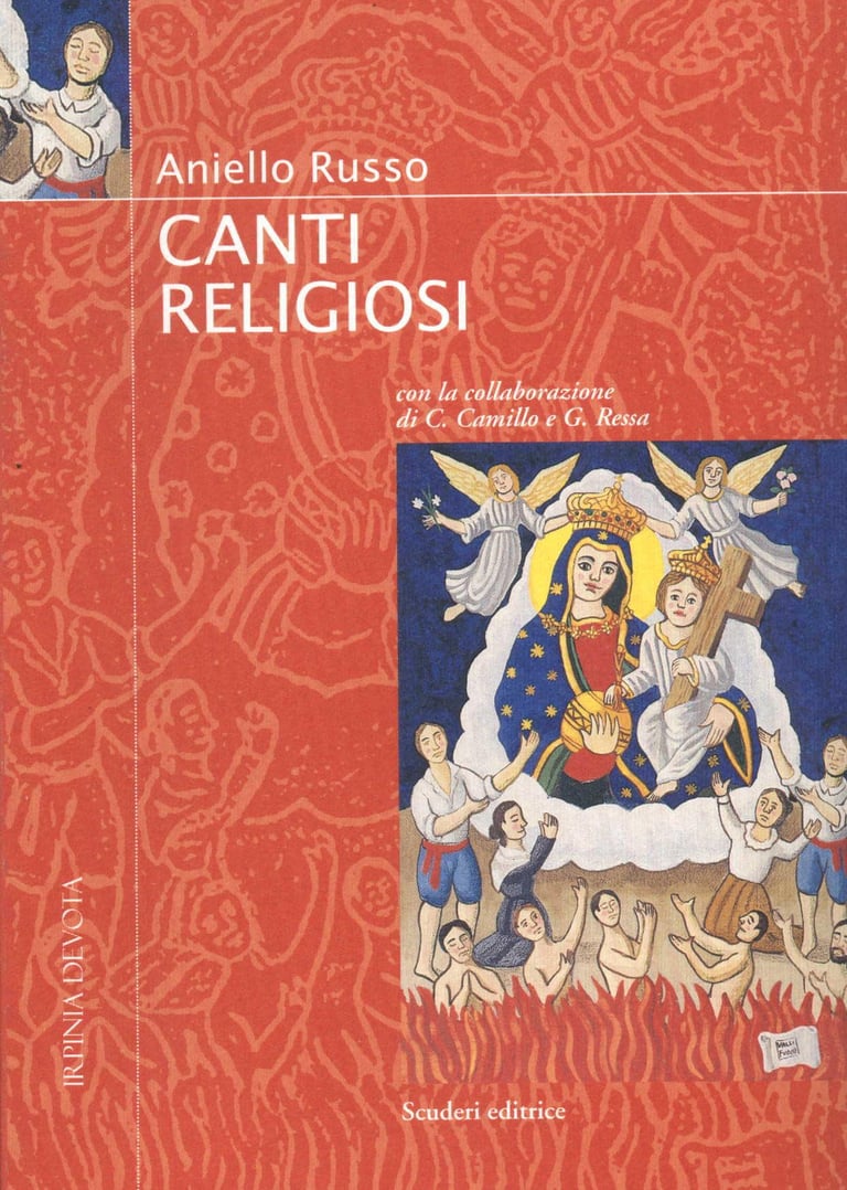 Cover of Aniello Russo's Canti Religiosi book featuring religious folk art illustration of the Virgin Mary.