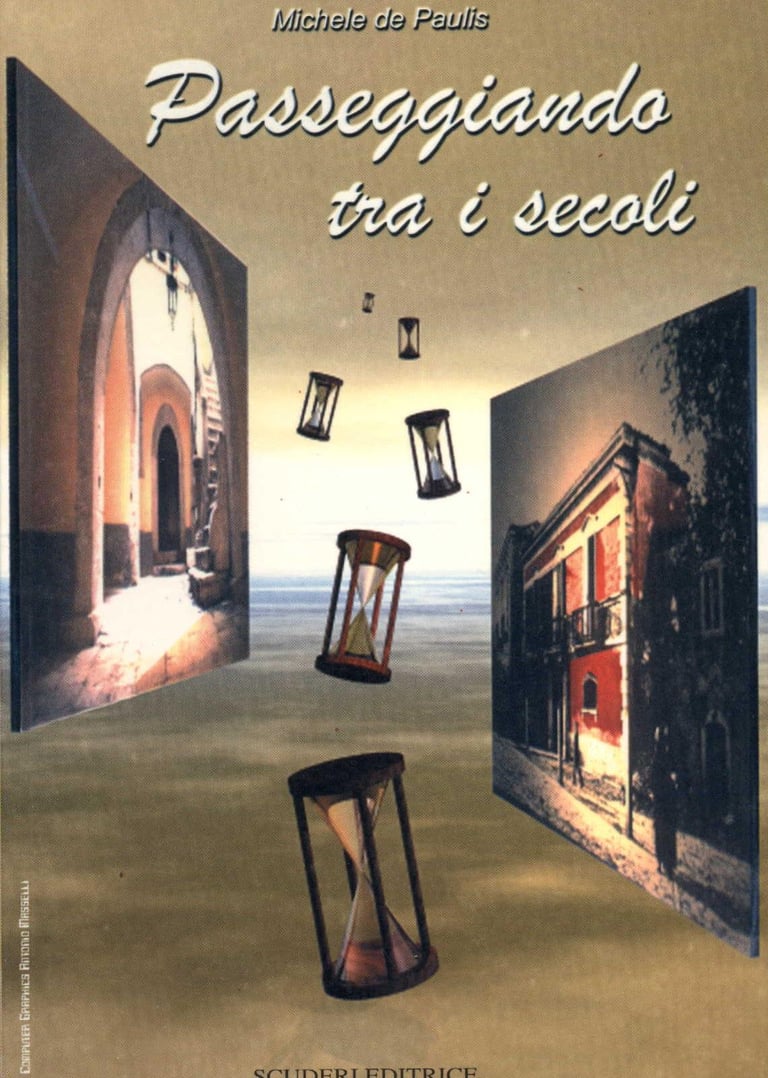 Cover of Michele de Paulis' book Passeggiando tra i secoli featuring falling hourglasses and historical architecture.