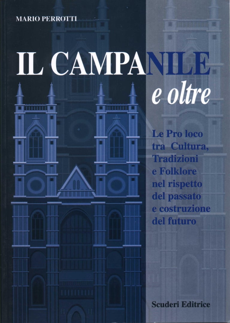 Book cover for Il Campanile e oltre by Mario Perrotti featuring a blue illustration of a gothic cathedral.