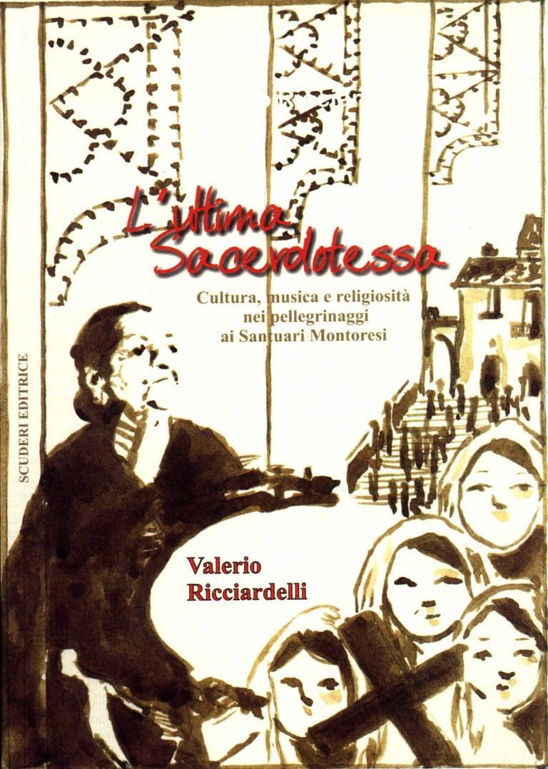 Book cover for L'ultima Sacerdotessa by Valerio Ricciardelli featuring religious pilgrims in sepia ink.