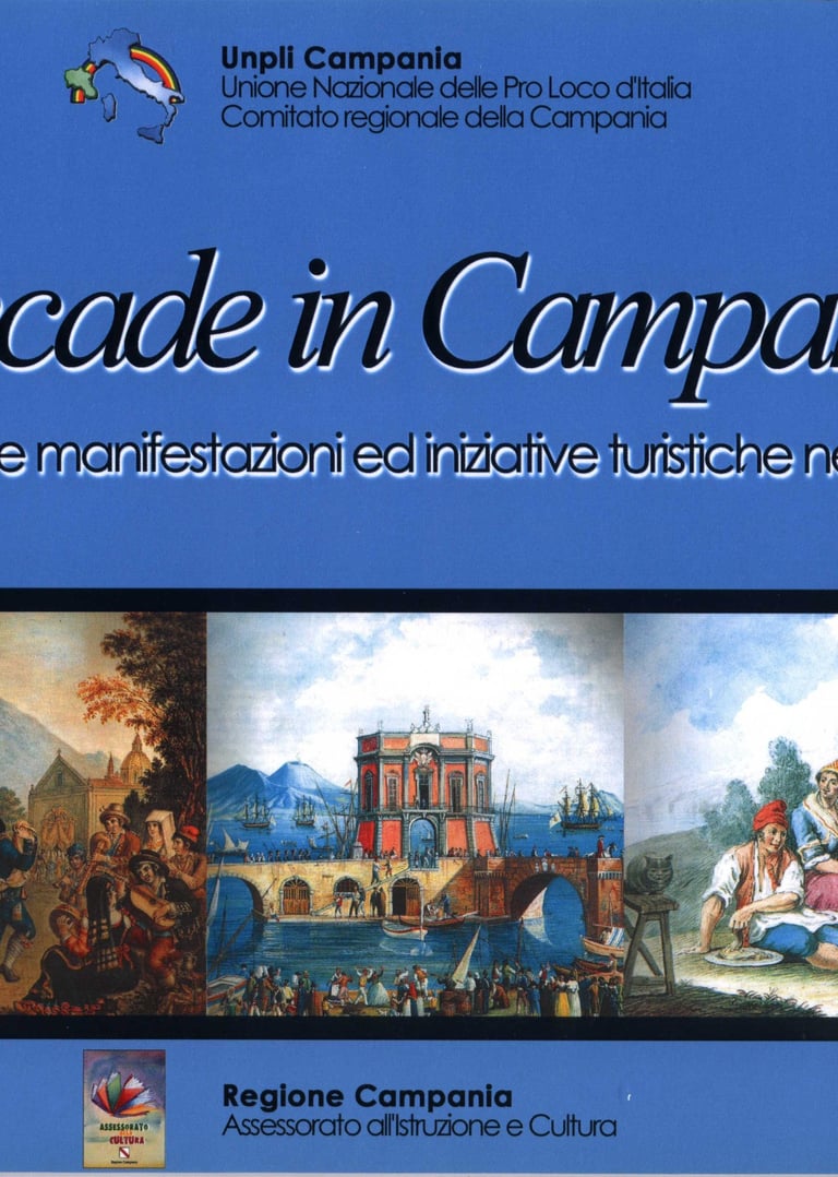 Poster for Campania tourism events featuring traditional Italian paintings and local cultural heritage motifs.