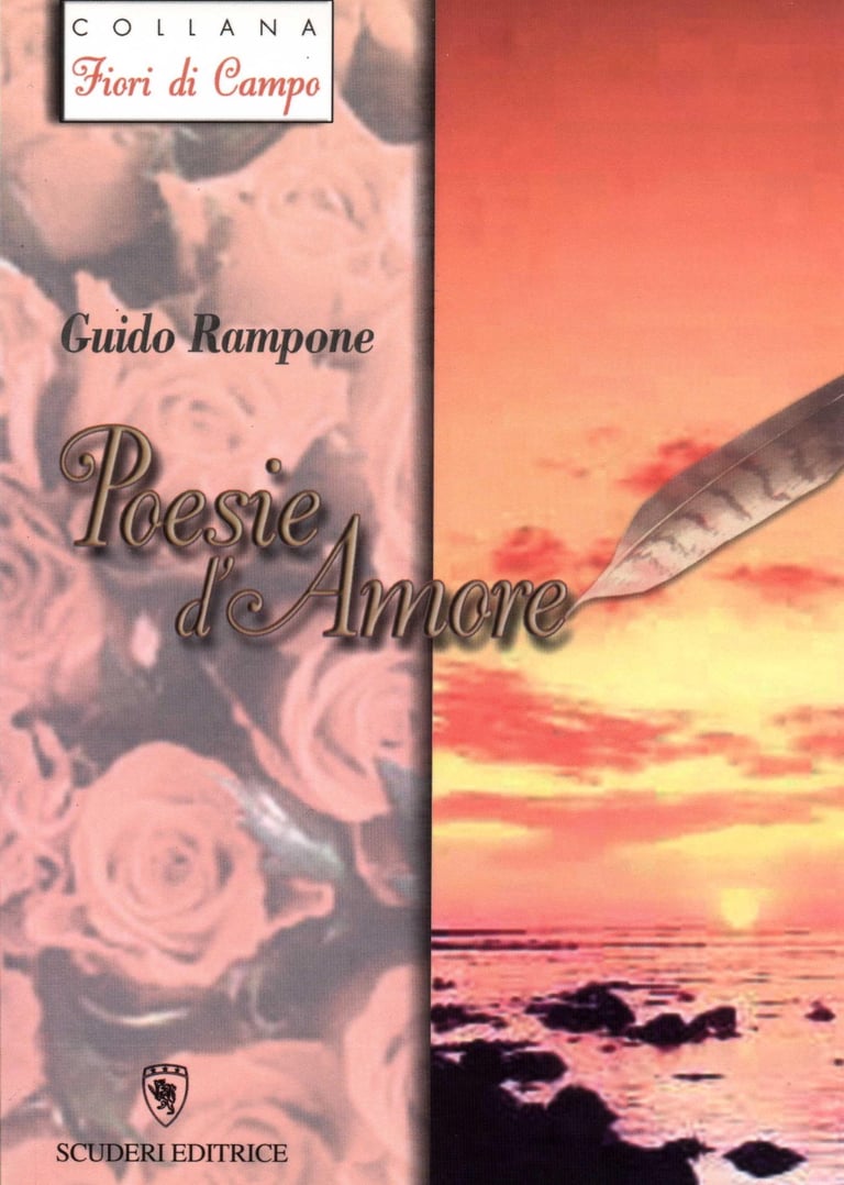 Italian poetry book cover Poesie d'Amore by Guido Rampone featuring roses and a sunset beach.
