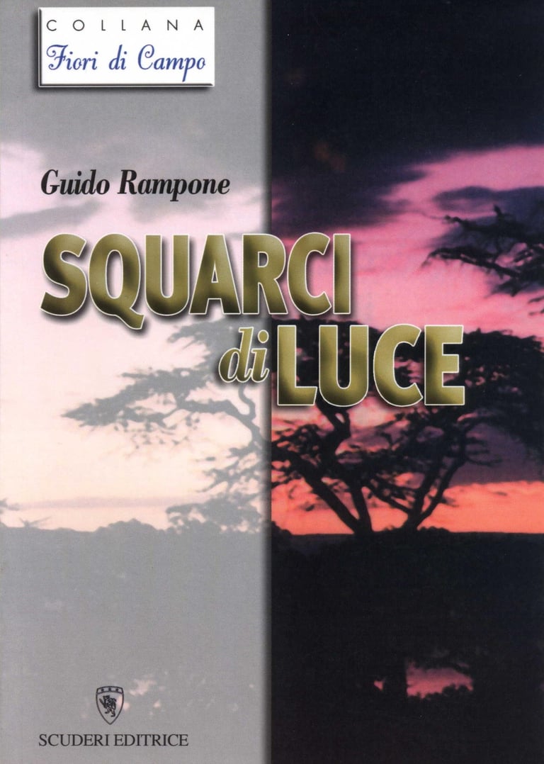 Book cover of Squarci di Luce by Guido Rampone featuring a silhouette of trees at sunset.