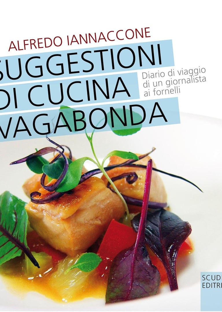 Cookbook cover: "Suggestioni di Cucina Vagabonda" by Alfredo Iannaccone, featuring pan-fried fish or pork belly with