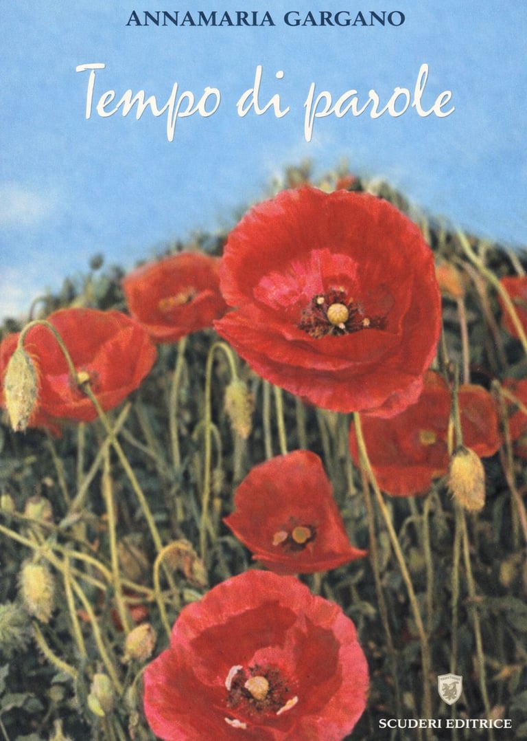 Book cover of Tempo di parole by Annamaria Gargano featuring vibrant red poppies against a blue sky.