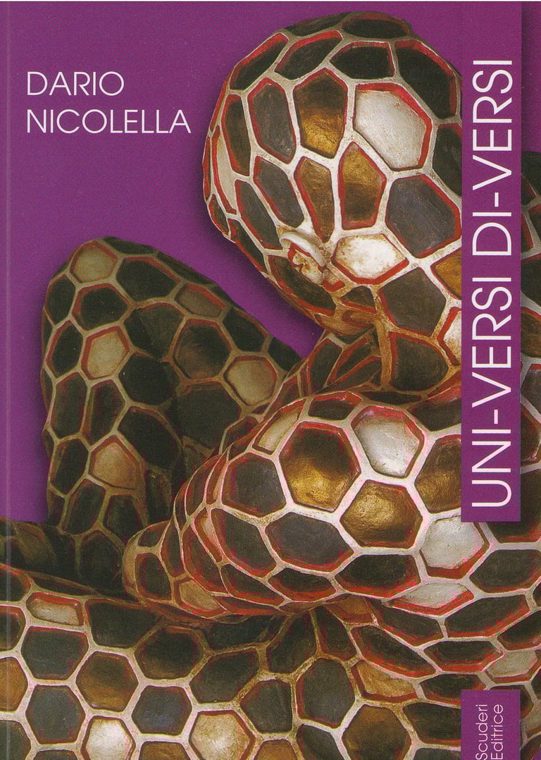 Book cover for Uni-versi Di-versi by Dario Nicolella featuring a figure in a hexagonal patterned bodysuit.