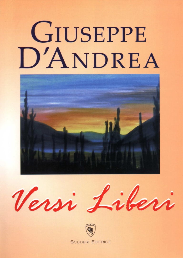 Book cover of Versi Liberi by Giuseppe D'Andrea featuring a painted sunset landscape with silhouettes.