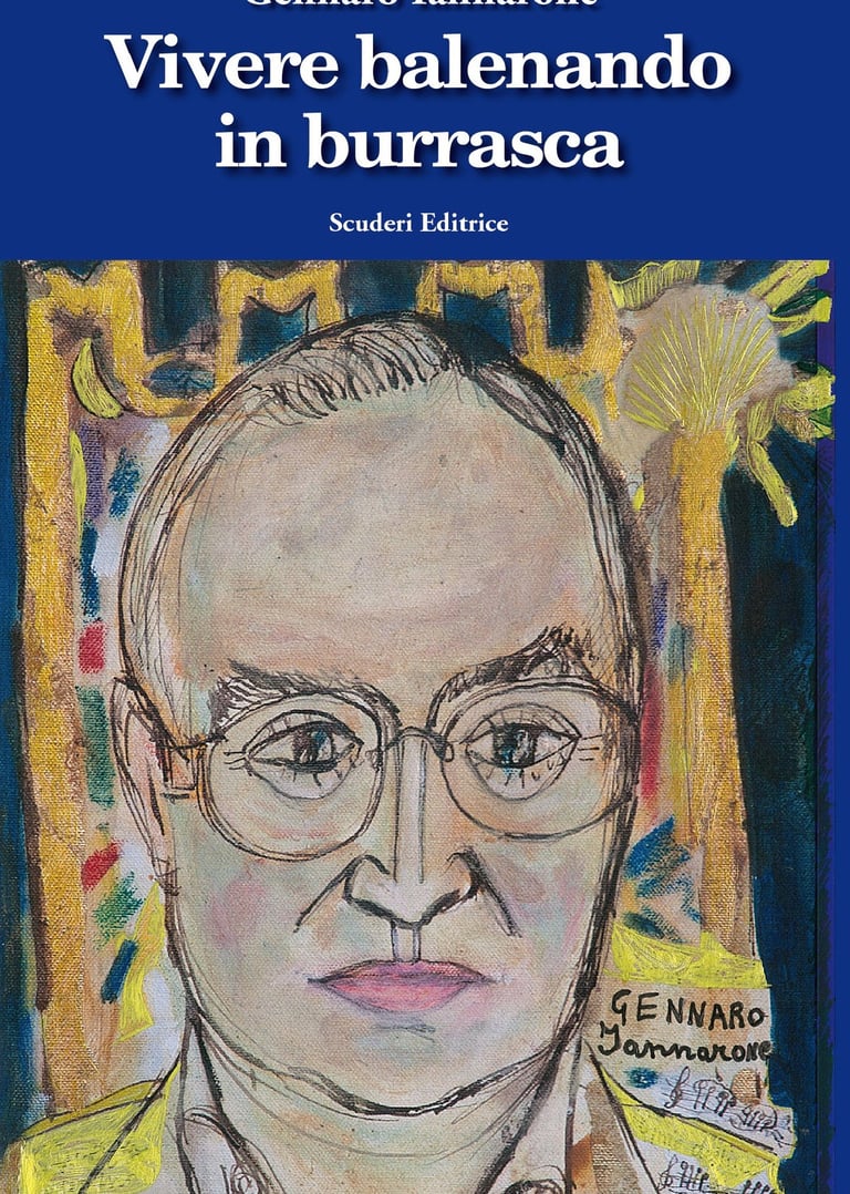 Book cover for Vivere balenando in burrasca by Gennaro Iannarone featuring a colorful sketch of a man with glasses.