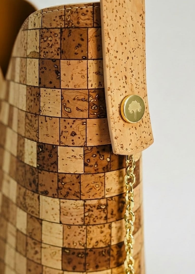 Eco-friendly checkered cork leather bucket bag with gold chain strap and tree logo detail.