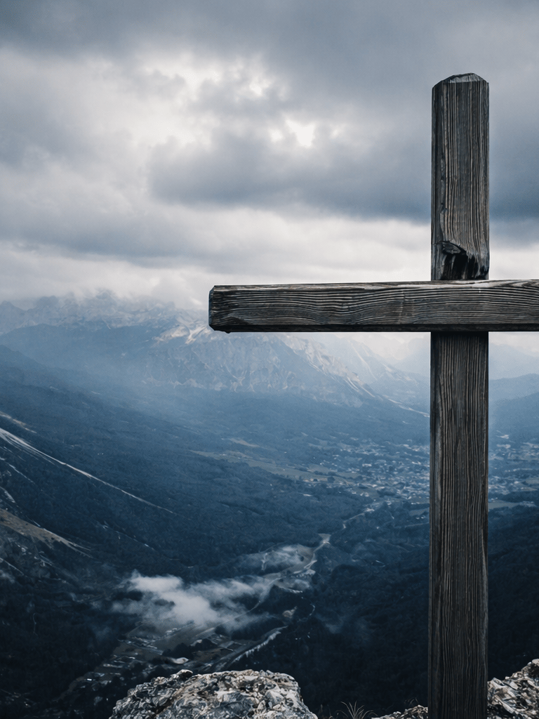 Wooden cross overlooking a mountain landscape under a cloudy sky