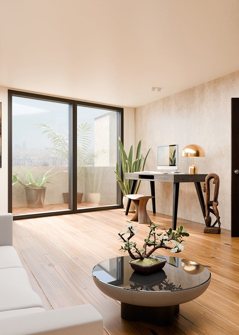 3D render of contemporary living room with wooden flooring