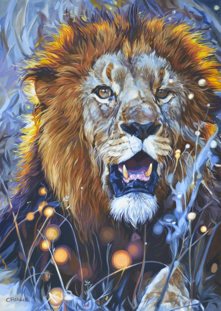 a painting of a male lion with full mane in golden lighting