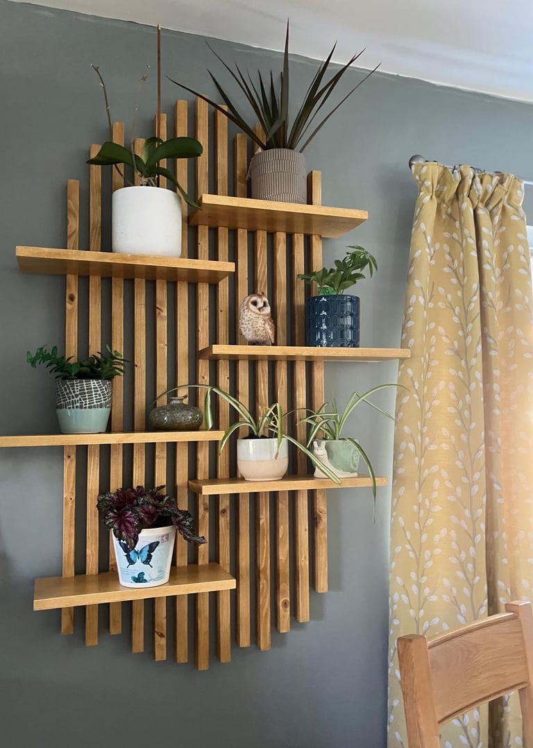 a wooden wall art shelf with plants