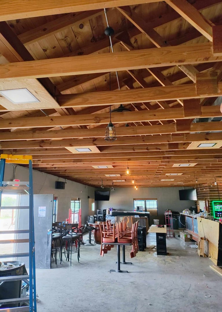 A restaurant remodel in Early Tx with exposed rafters being shown