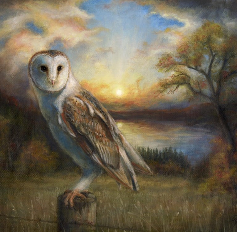 Oil painting of a barn owl perched on a post at sunset over a scenic lake landscape.