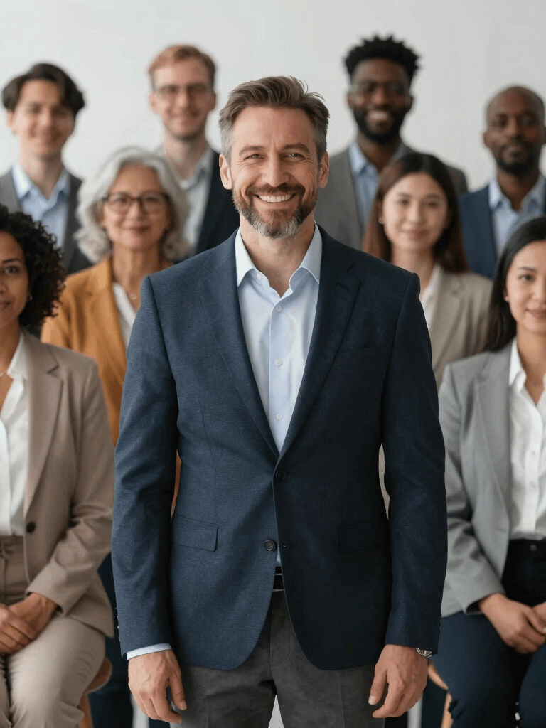 A team brainstorming around a table, with notes and charts depicting growth strategies.