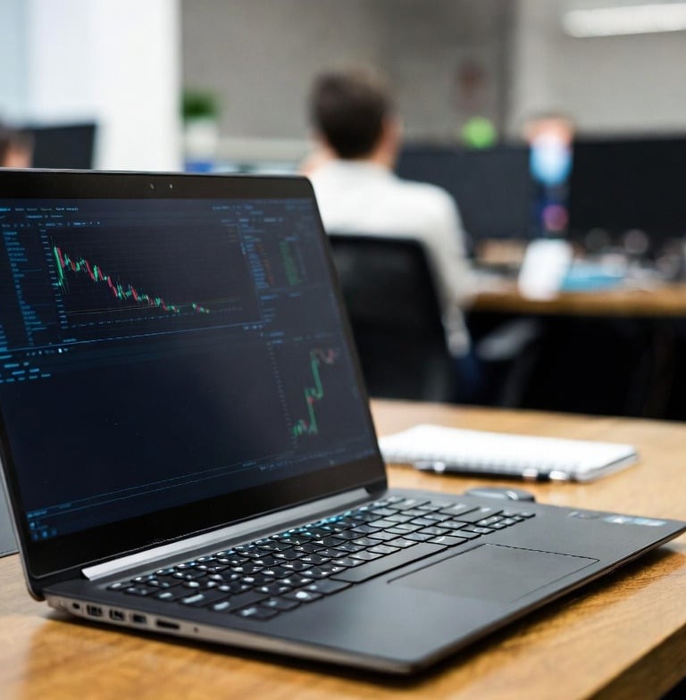 Laptop on a wooden office desk displaying real-time stock market trading charts and data.