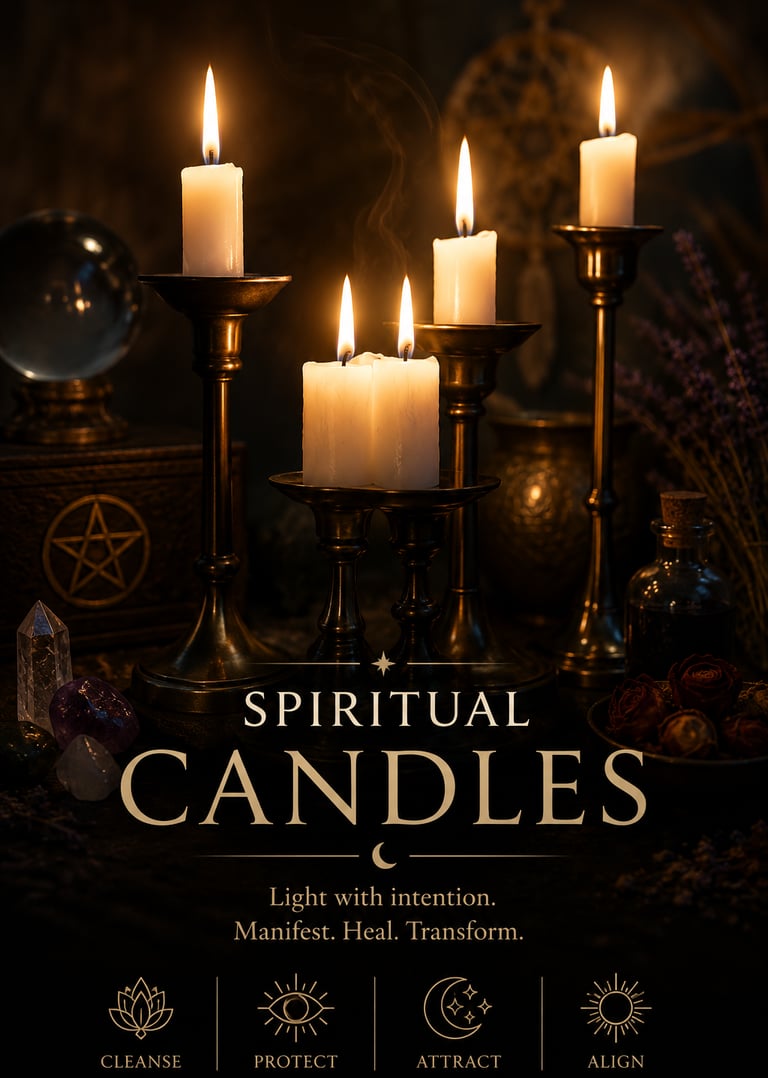 Spiritual candles burning on an altar with crystals and a crystal ball for manifestation and healing.