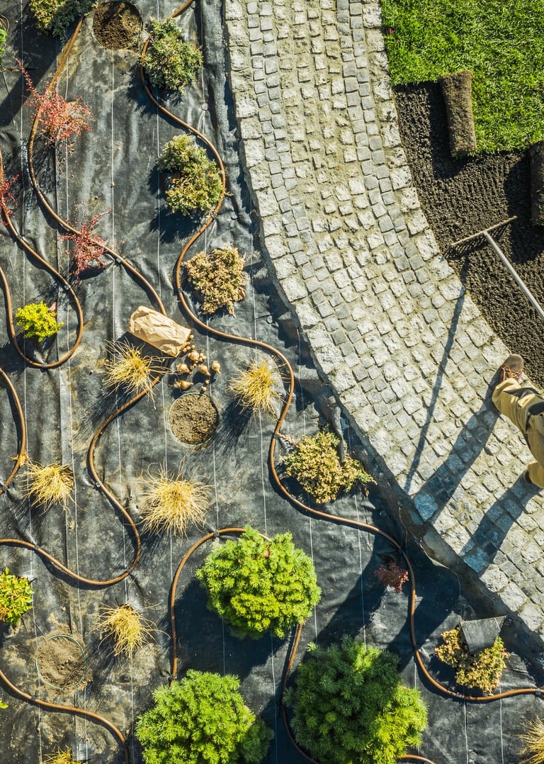 Professional landscaper installing sod grass next to a drip irrigation system and stone path.